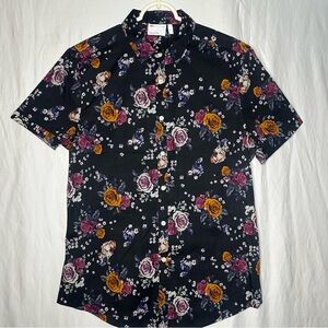 NWOT ASOS DESIGN Men's Button Down Shirt Black Floral Roses Valentines Sz L A182
